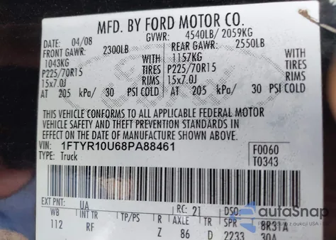 2008 Ford Ranger Sport/Xl/Xlt from USA, damaged, VIN 1FTYR10U68PA88461